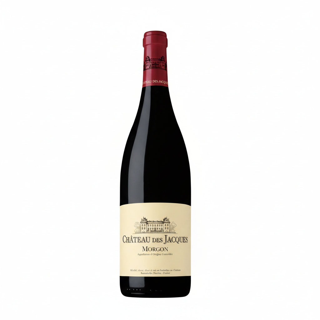 Bottle of Jadot Chateau Des Jacques Morgon red wine in a clear glass bottle with a label featuring the Jadot brand and vineyard details.