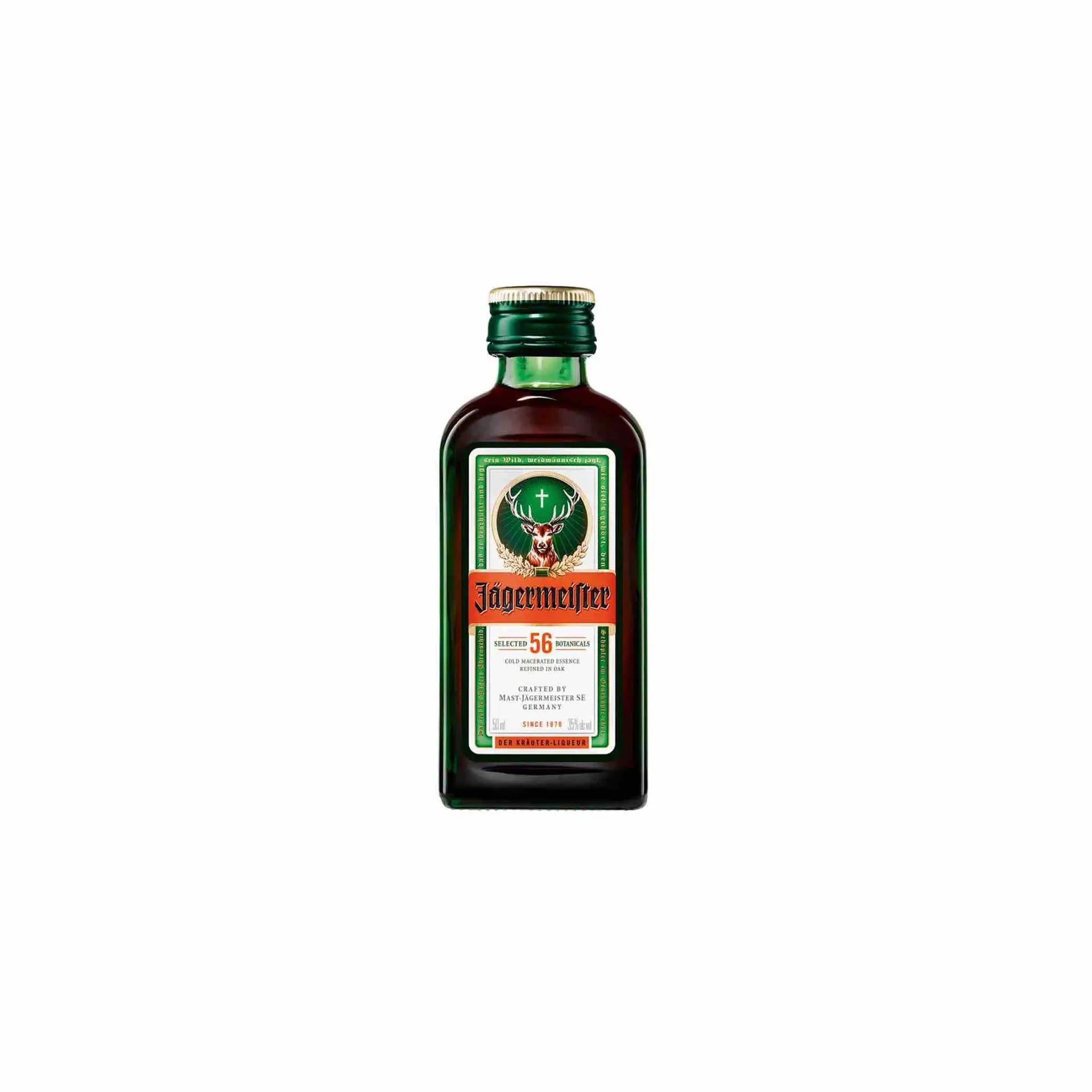 Buy Jagermeister Herbal Liqueur 50mL mini bottle, green glass, orange label, spirits