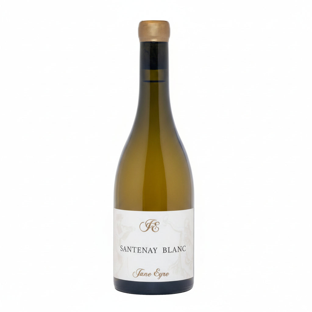 Jane Eyre Santenay Village Blanc white wine in a clear glass bottle with a white label, showcasing a French vineyard-inspired design.