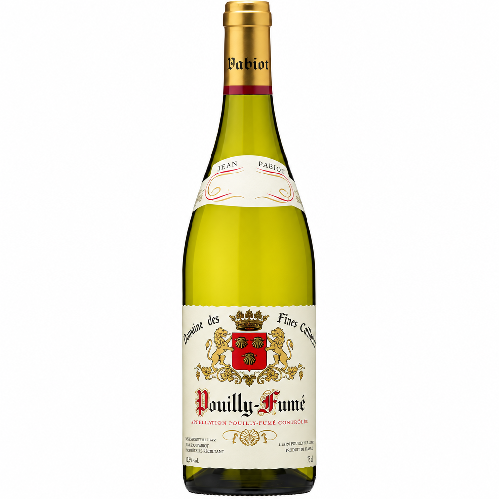 Bottle of Jean Pabiot Pouilly-Fumé Domaine des Fines Caillottes Sauvignon Blanc wine, featuring a clear label and elegant glass bottle.