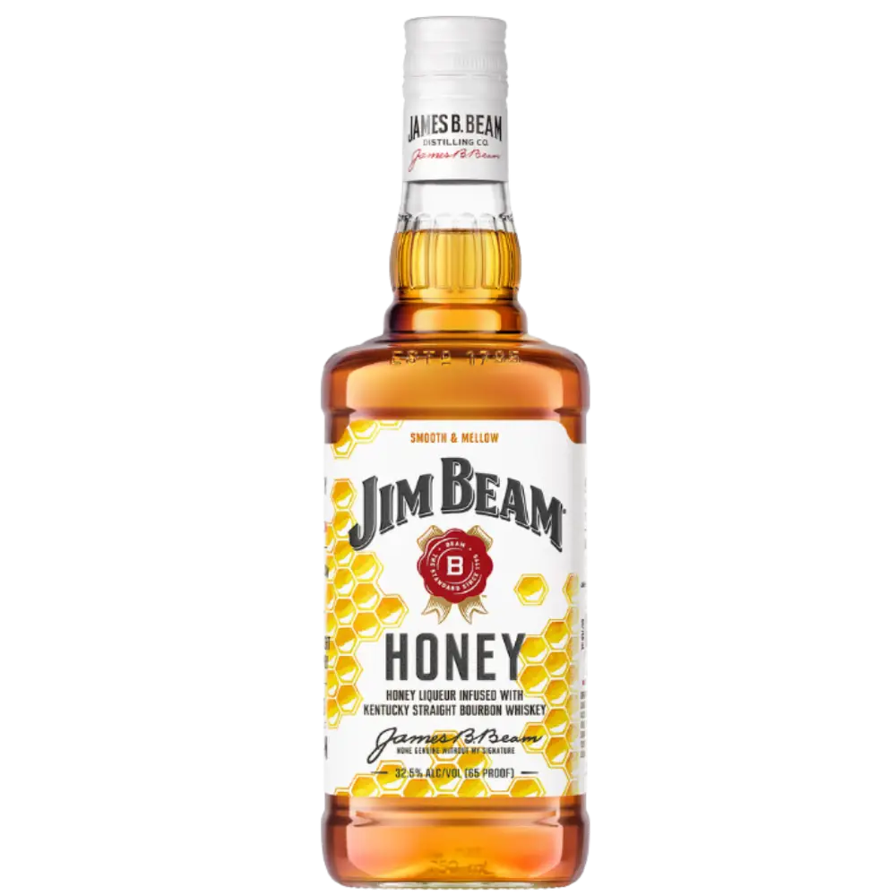 Buy Jim Beam Honey 750mL, honey bourbon whiskey liqueur in a clear amber bottle.