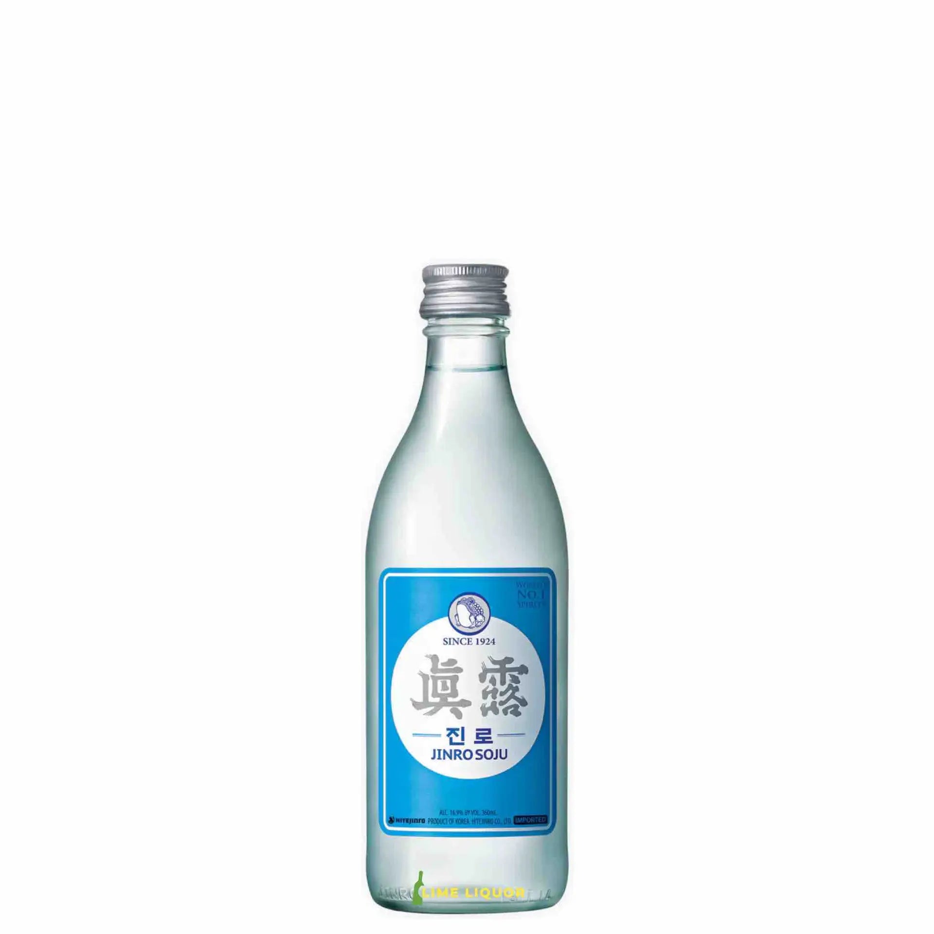 buy Jinro Soju 375mL, clear glass bottle with blue label on white background