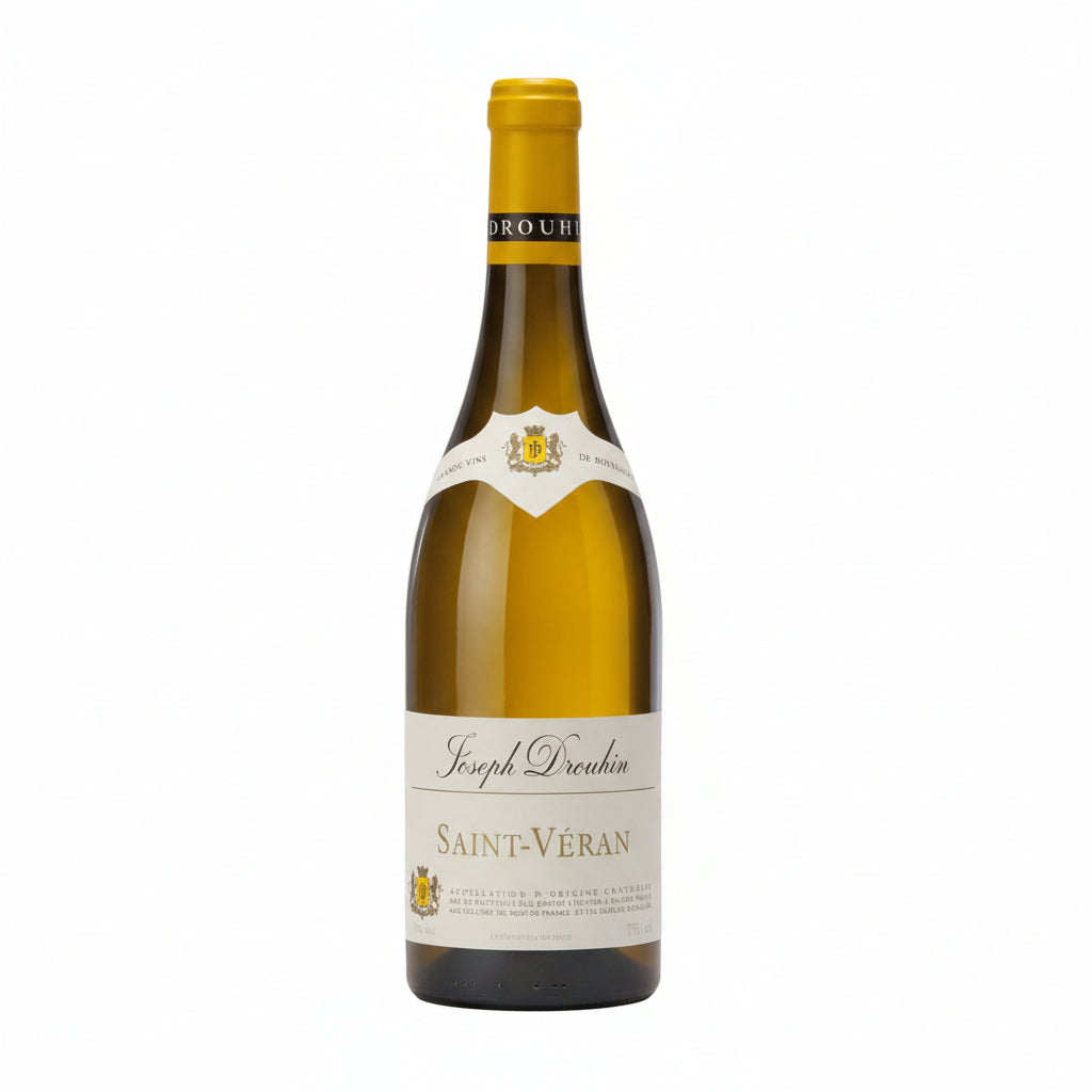 Bottle of Joseph Drouhin Saint-Veran white wine with label visible, showcasing a clear glass bottle and elegant label design.
