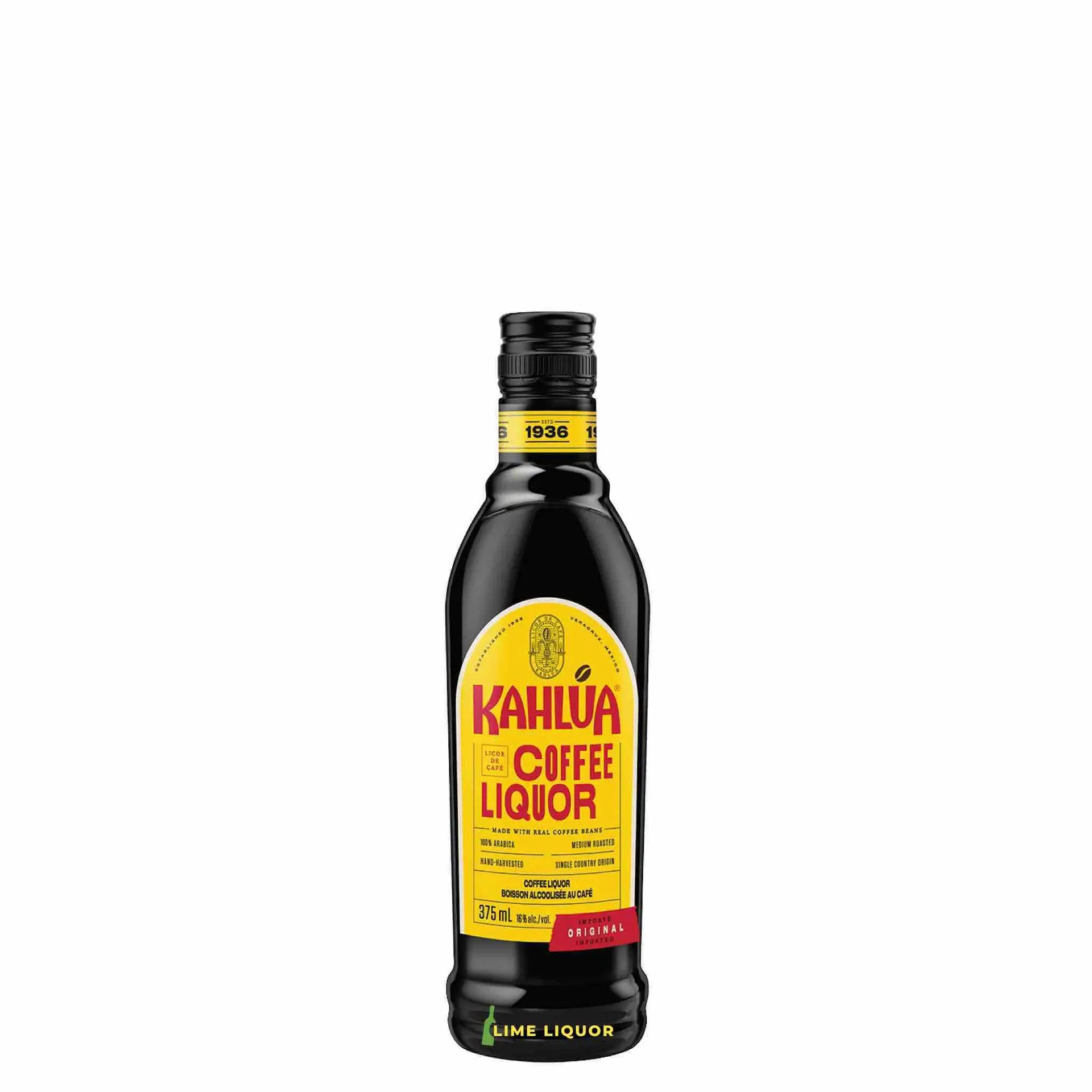 Buy Kahlua Coffee Liquor 375mL, coffee-flavoured liqueur in a black glass bottle.