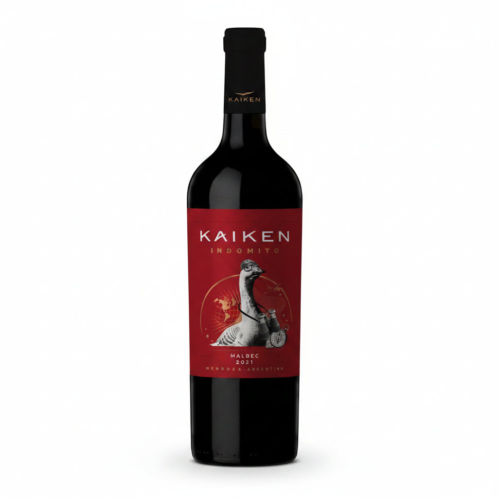 Bottle of Kaiken Indomito Malbec wine, 750mL, with dark glass and wine label visible in a close-up shot.