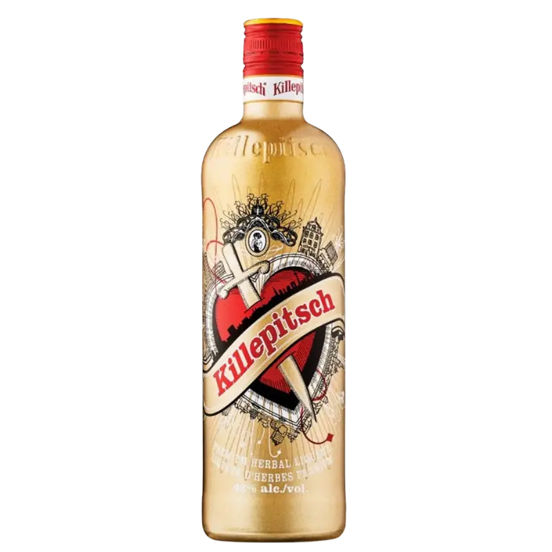 buy Killepitsch 750mL herbal liqueur bottle with gold label and red cap