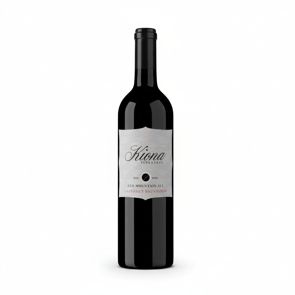 Bottle of Kiona Red Mountain Cabernet Sauvignon wine, 750mL, with a dark red label and elegant design on the label.