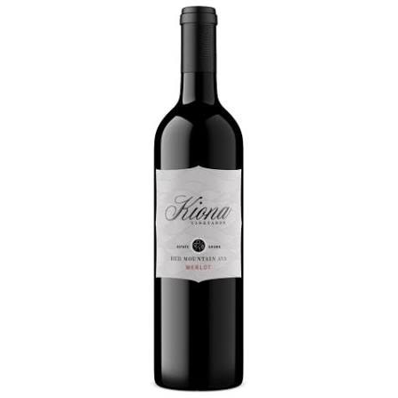 Bottle of Kiona Red Mountain Merlot 750mL with a dark red wine inside and a label featuring the Kiona logo and vineyard imagery.