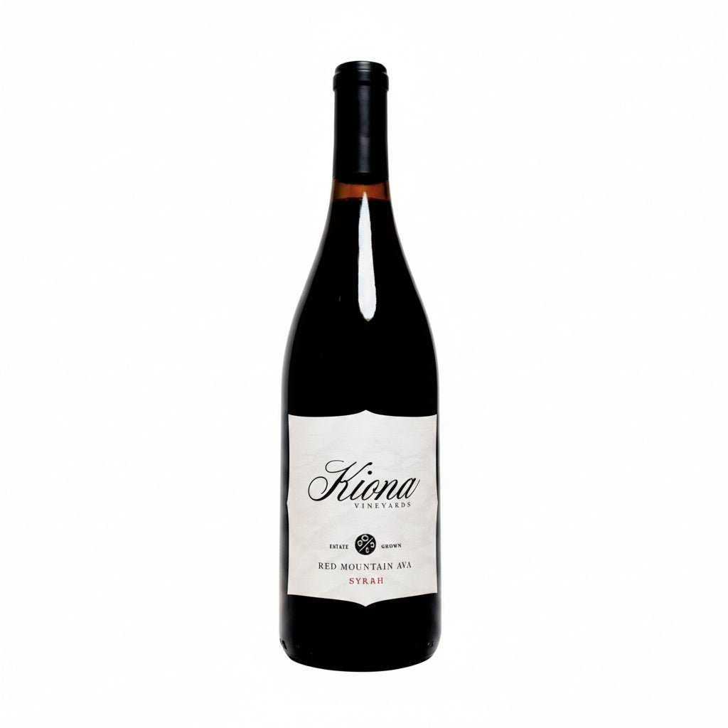 Bottle of Kiona Red Mountain Syrah wine in a 750mL glass bottle with a label displaying the Kiona brand and Red Mountain vineyard.