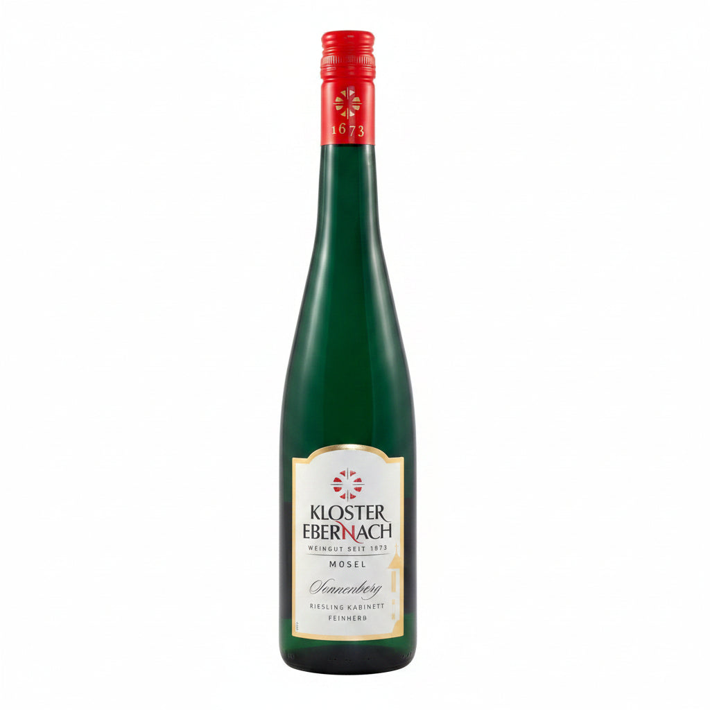 Bottle of Kloster Ebernach Mosel Sonnenberg Riesling wine in a 750mL bottle, with a label featuring a scenic vineyard view.