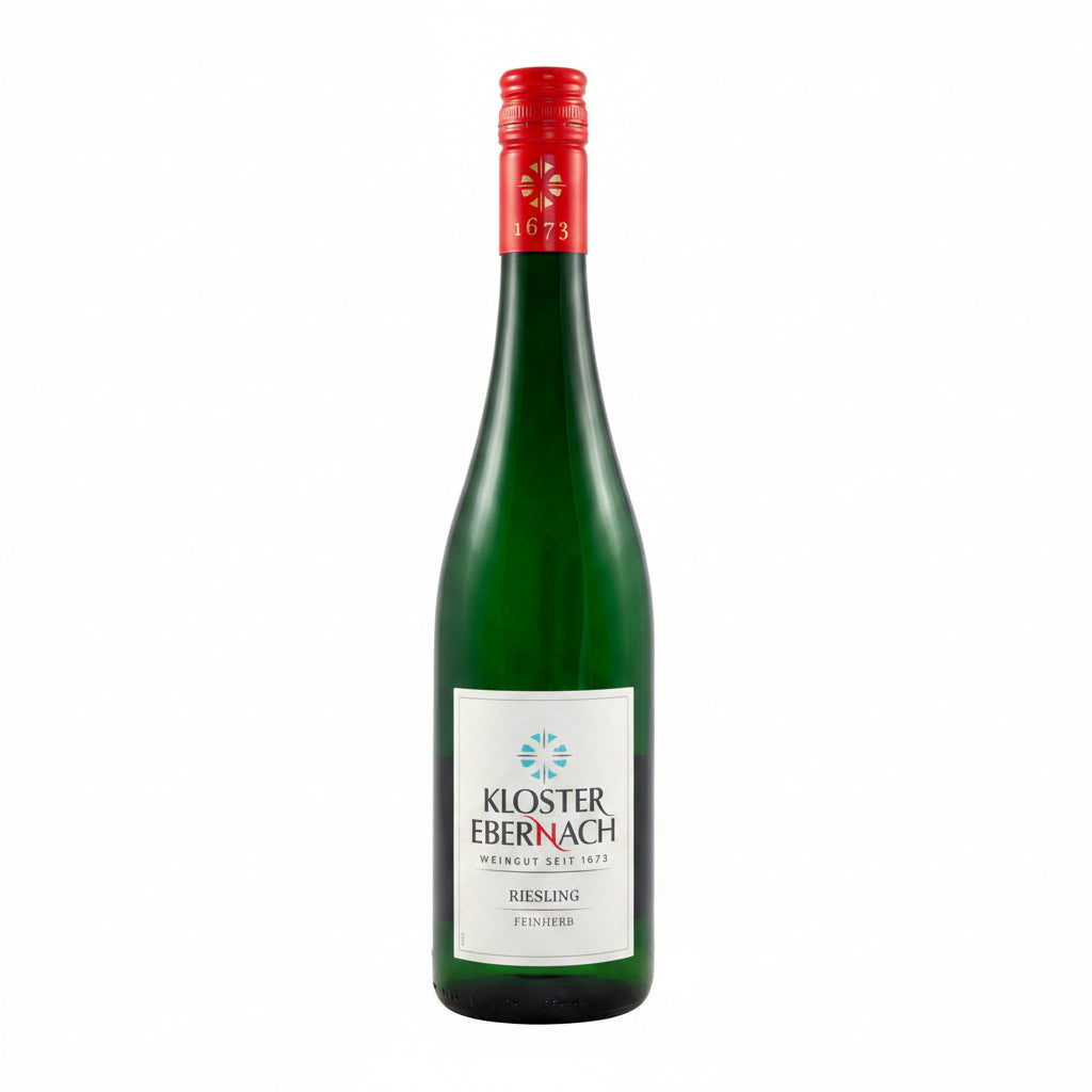 Bottle of Kloster Ebernach Mosel Sonnenuhr Riesling 750mL with label visible, showcasing a white wine from Germany's Mosel region.