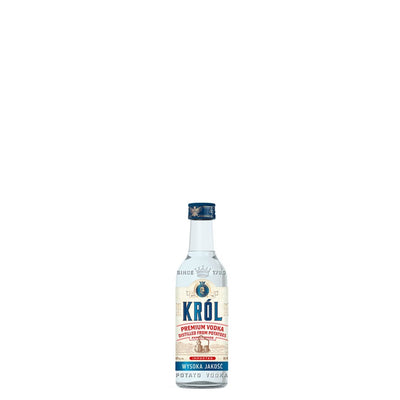 Small 50mL bottle of Krol Potato Vodka with clear label featuring the Krol brand name and potato imagery.