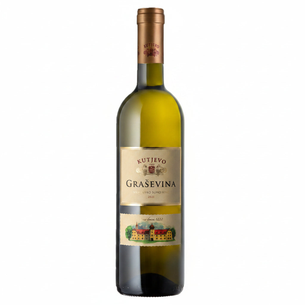 Bottle of Kvalitetna Grasevina white wine from Kutjevo in a 750mL bottle, with a label featuring the Kvalitetna brand and vineyard details.