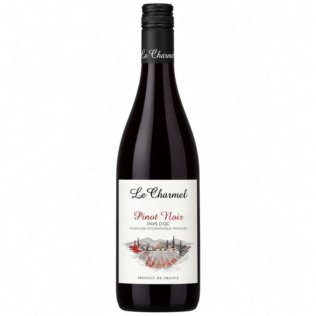 Bottle of Le Charmel Pinot Noir wine with a dark glass bottle and label featuring elegant design.