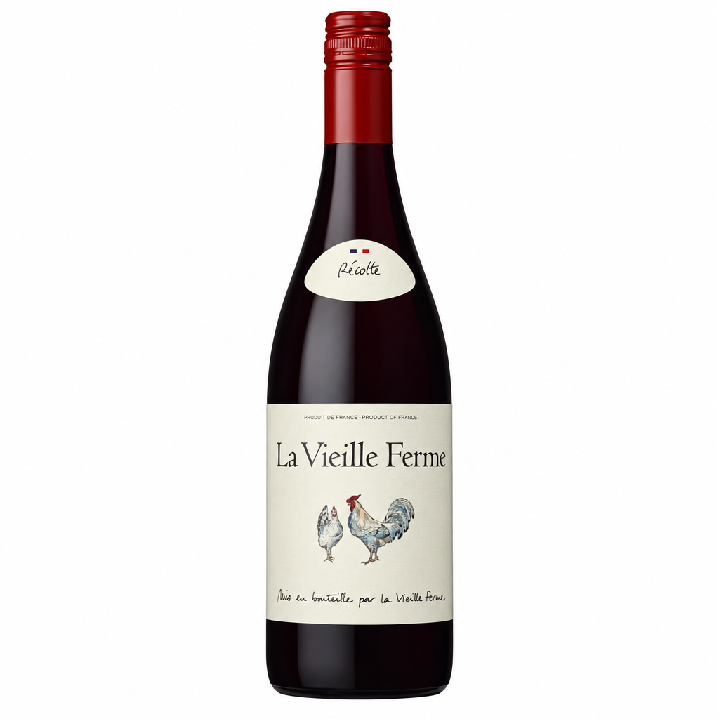 Bottle of Famille Perrin La Vieille Ferme Rouge red wine with a label featuring a vineyard scene and a red foil capsule.
