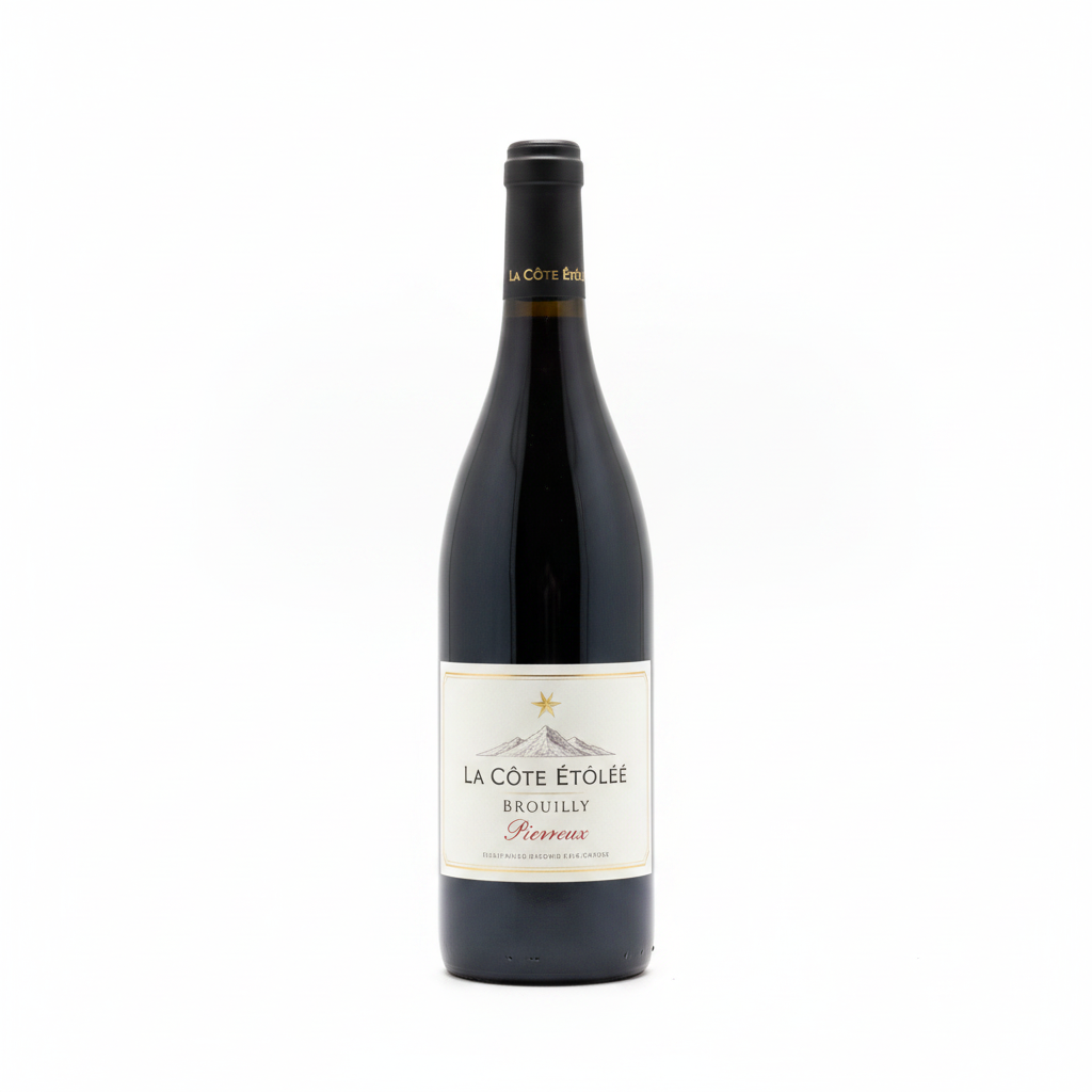 Bottle of La Cote Etoilee Cote de Brouilly Brulhie red wine with label visible and cork open, on a wooden surface.