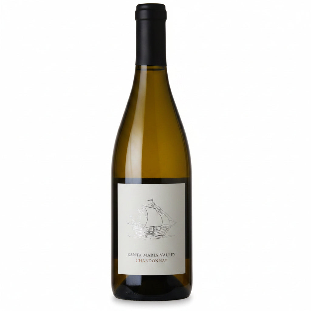 Bottle of La Pelle Wines Santa Maria Valley Chardonnay in 750mL bottle, showcasing the label and clear glass.