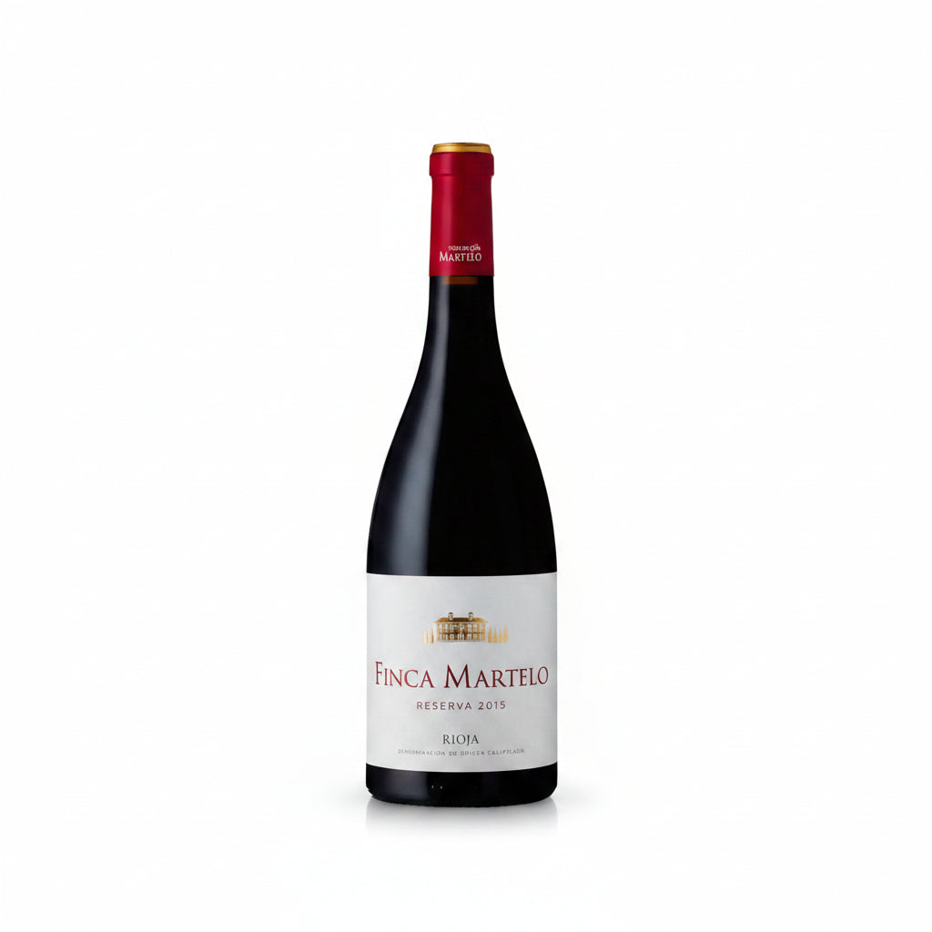 Bottle of La Rioja Alta Finca Martelo Reserva Rioja red wine in a 750mL bottle on a wooden table.