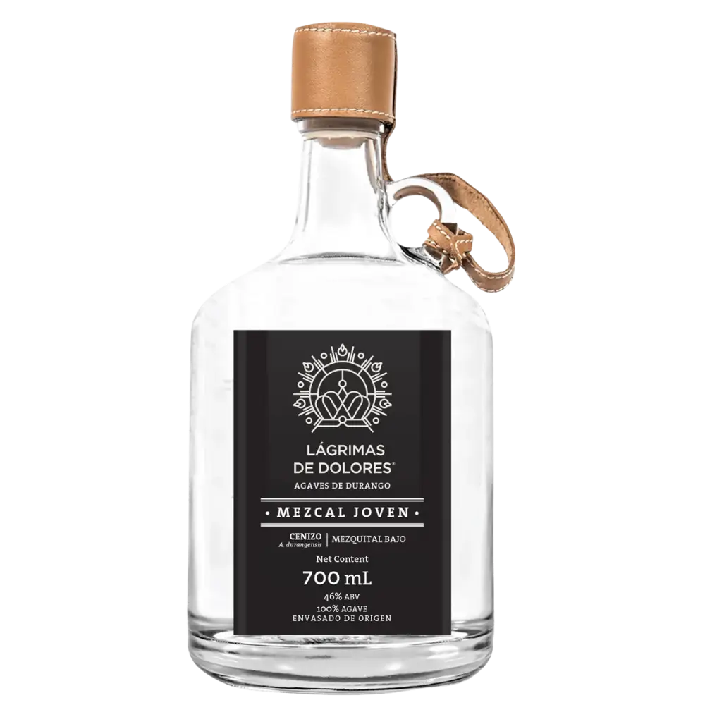 Buy Lagrimas De Dolores Cenizo Joven 700mL mezcal, clear bottle with black label and leather cap