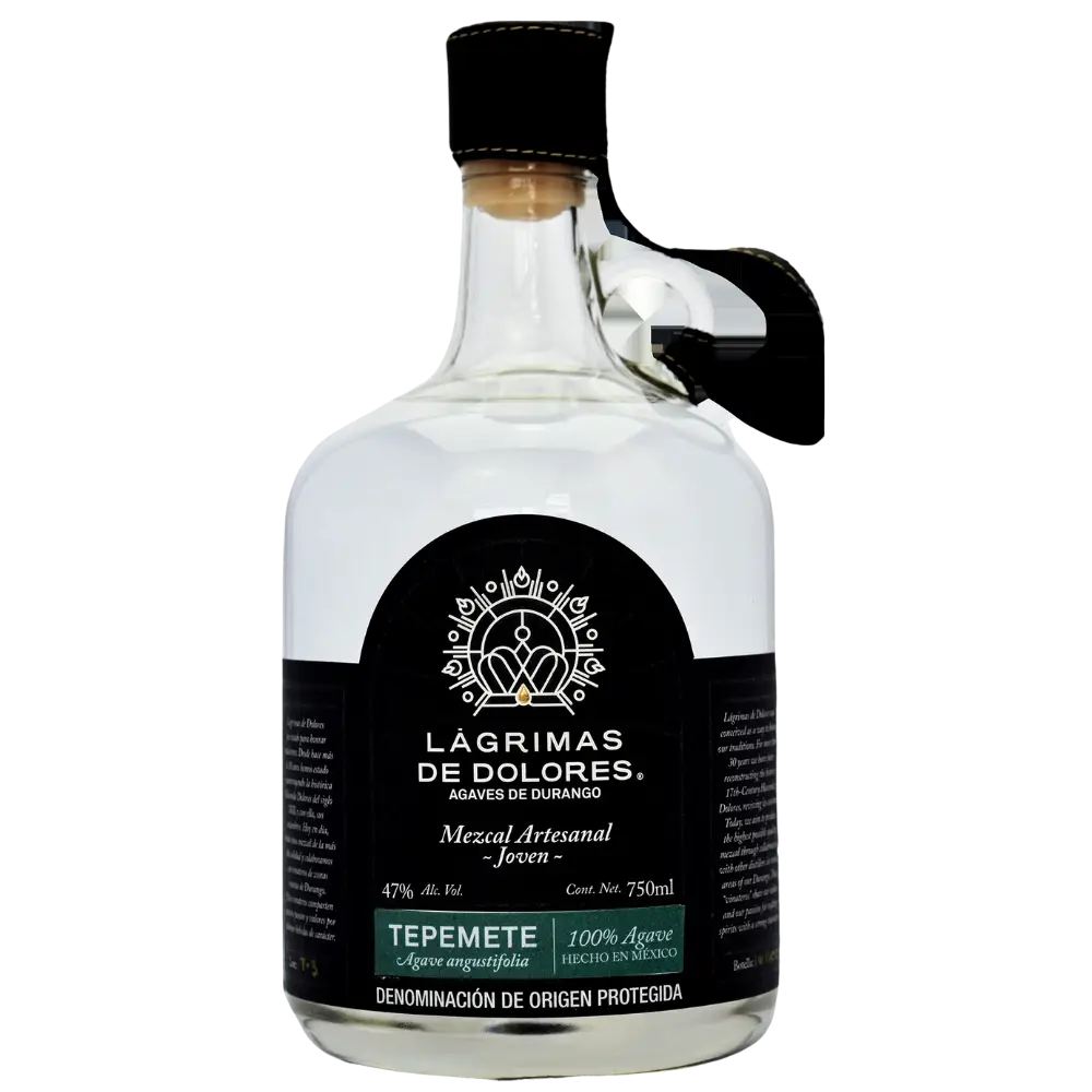 Buy Lágrimas De Dolores Tepemete 750mL mezcal, clear agave spirit bottle with black label