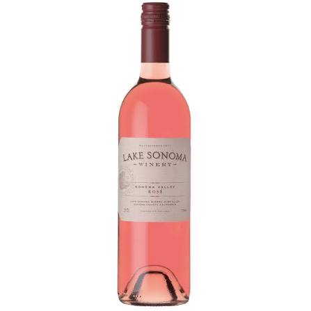 Bottle of Lake Sonoma Rose wine in a 750mL glass bottle with a colorful label, displayed on a table.