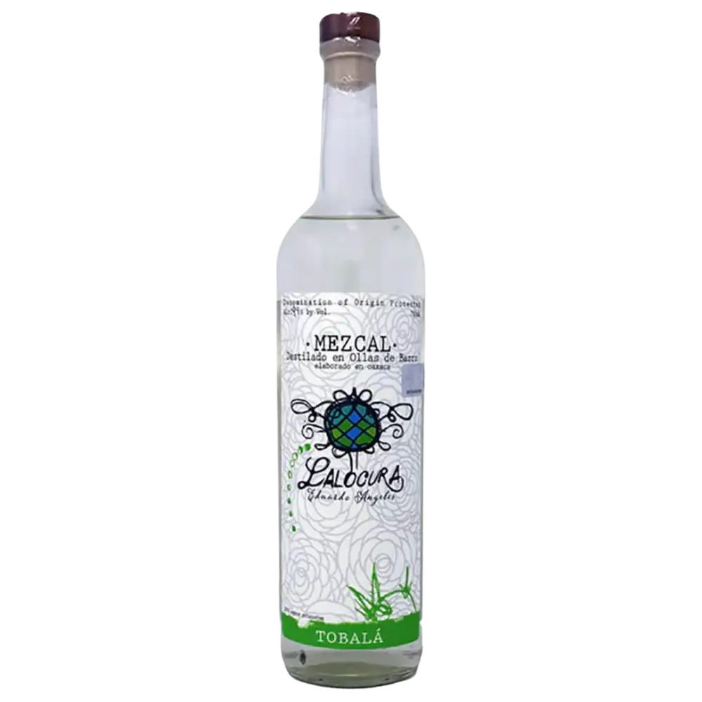 Buy Lalocura Tobala Mezcal 750mL bottle with decorative white label and green accent.