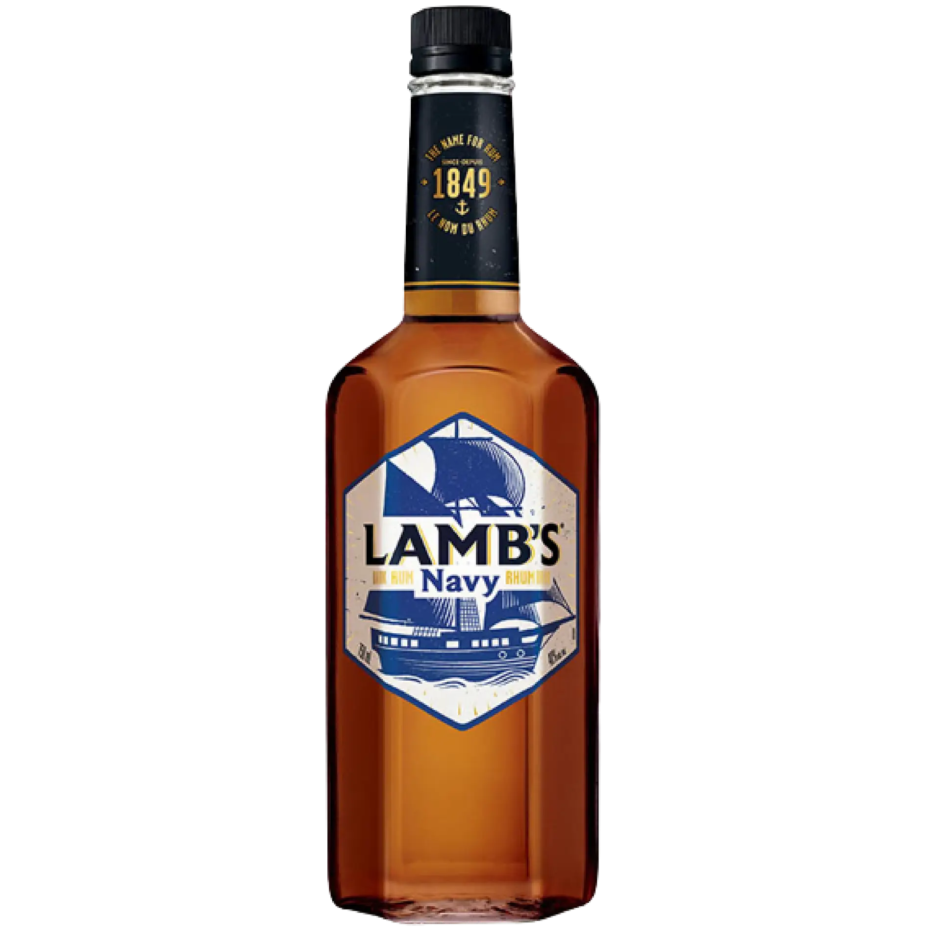 Buy Lamb's Navy Rum 750mL, amber spirits bottle with nautical label design