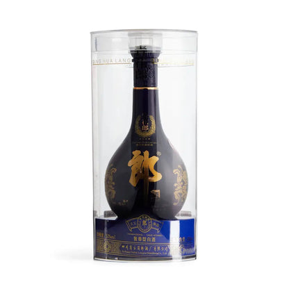 Buy Langjiu Qinghua Lang, elegant blue and gold Chinese liquor bottle in clear packaging