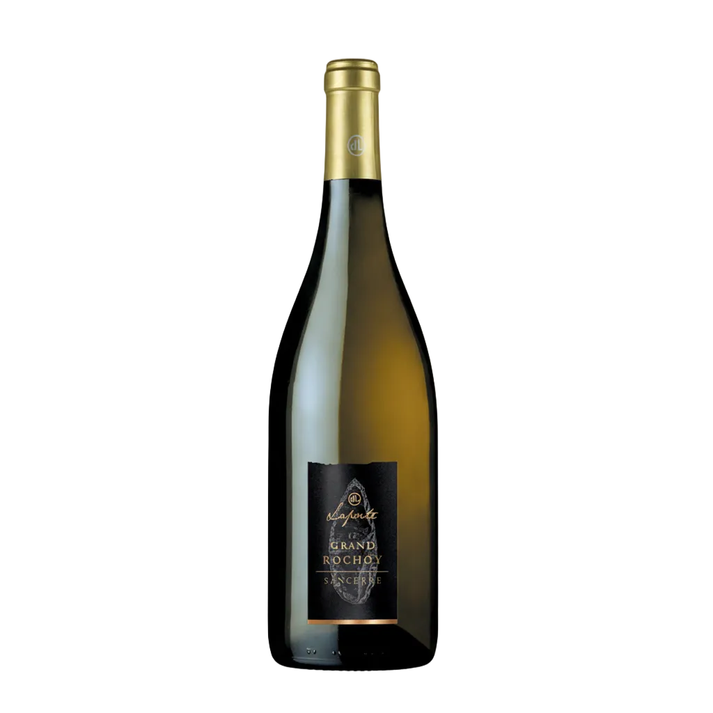 Bottle of Laporte Sancerre Le Grand Rochoy white wine with a label featuring green and white design.