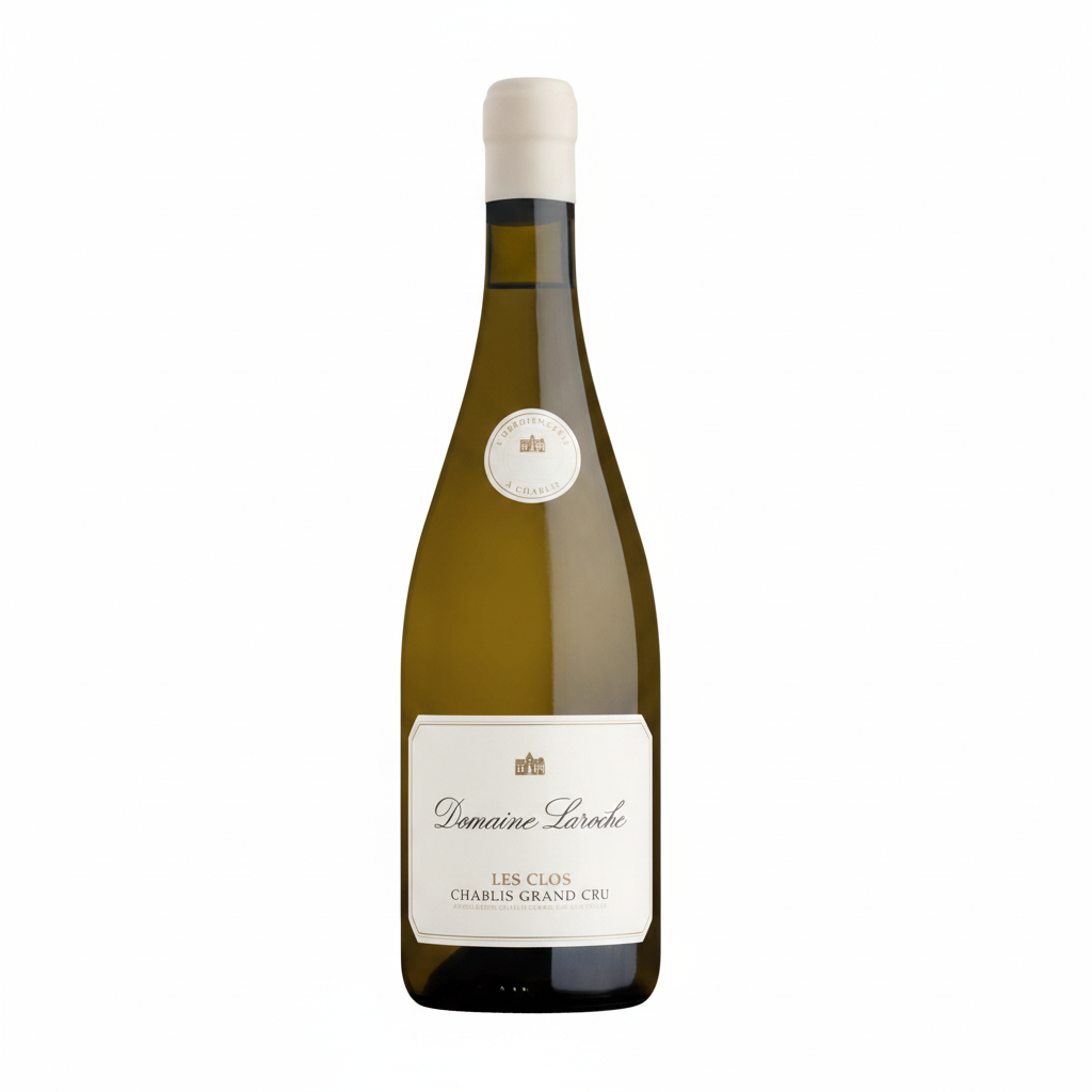 Bottle of Laroche Les Clos Grand Cru white wine with label visible, showcasing the elegant design of this Laroche wine.