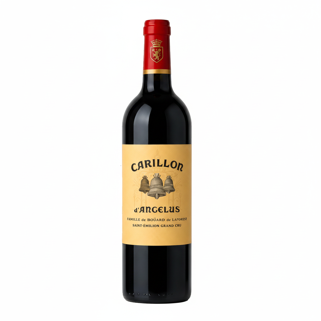 Elegant bottle of Le Carillon d'Angelus 2016 red wine with a classic label and deep garnet color in a wine glass.