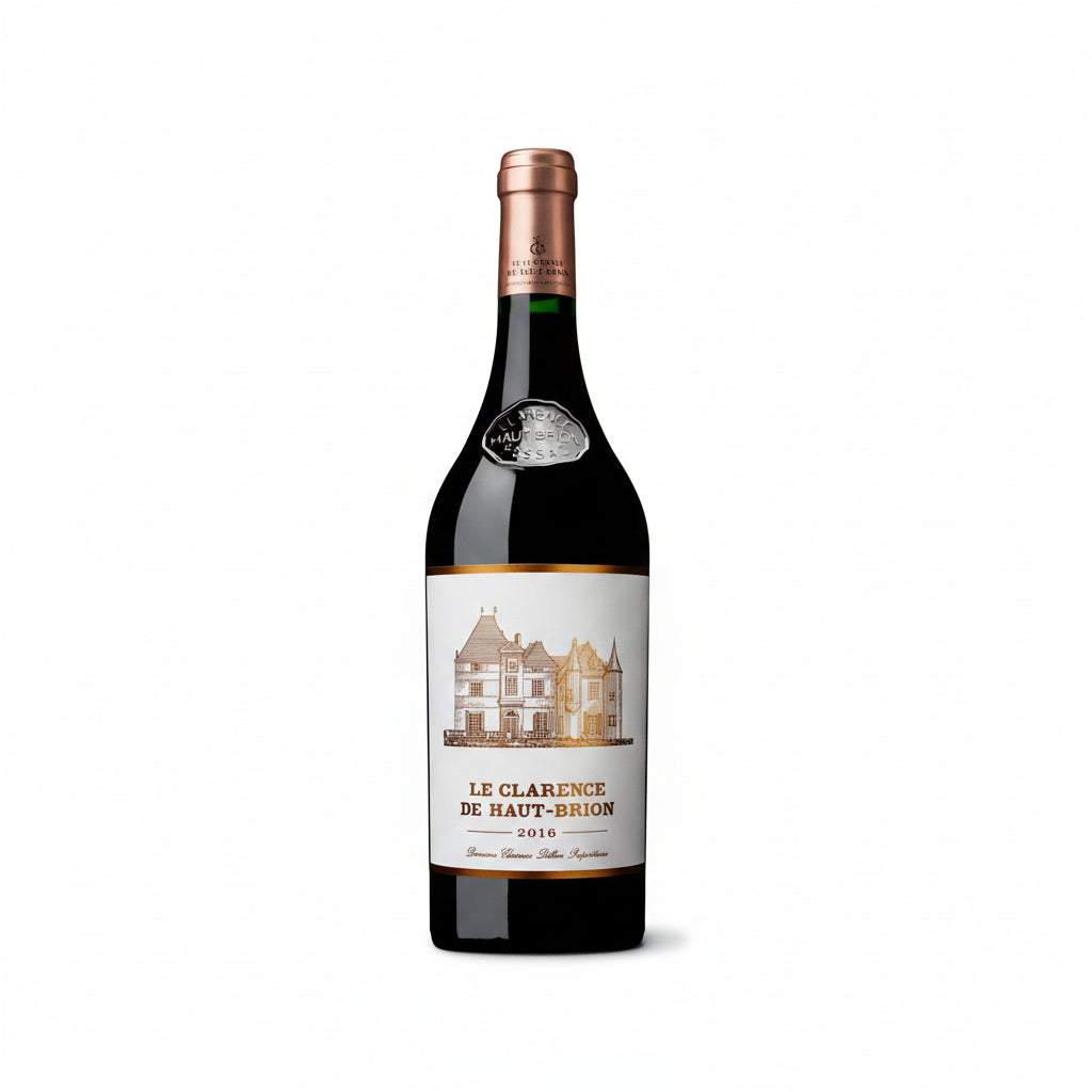Bottle of Le Clarence De Haut Brion 2016 red wine with a dark glass and elegant label, showcasing the Bordeaux wine brand.