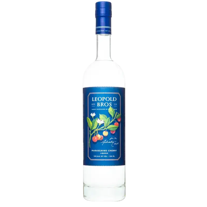 Buy Leopold's Maraschino Liqueur 700mL, clear bottle with blue label and cherry illustration