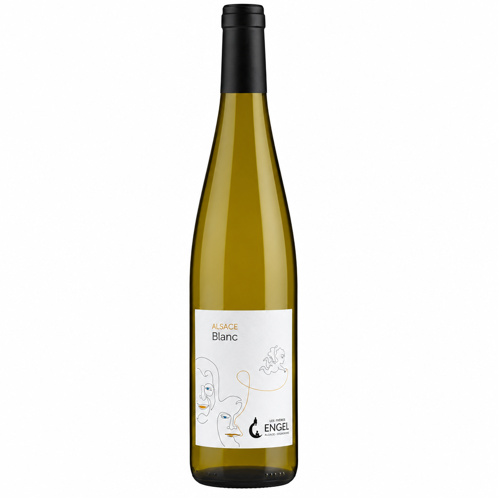 Les Freres Engel Alsace Blanc wine bottle with label and cork, showcasing the Alsace white wine from Les brand.