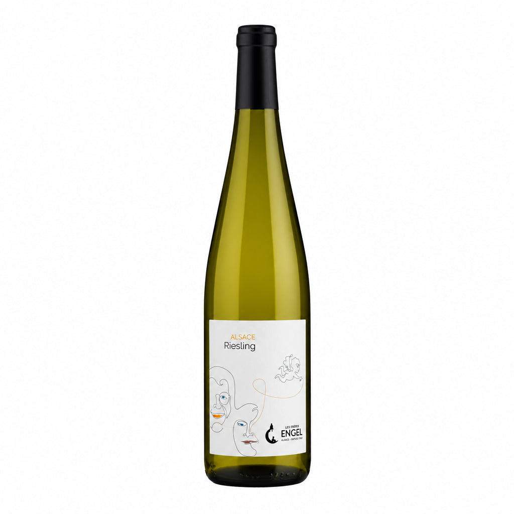 Les Freres Engel Alsace Riesling bottle with a white label and cork, set against a neutral background.