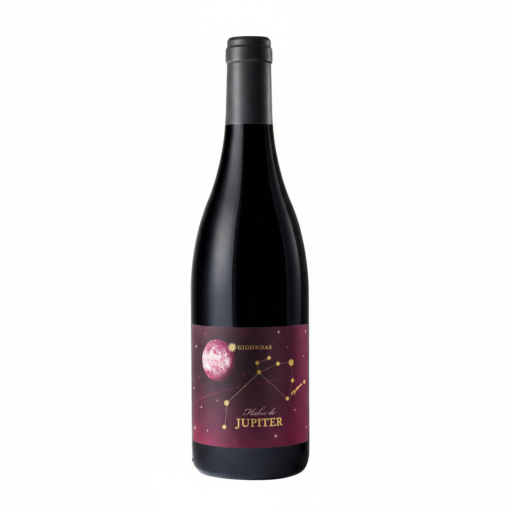 Bottle of Les Halos de Jupiter Gigondas red wine from Les winery, showing label and deep garnet color in the glass.