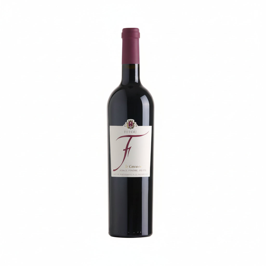 Bottle of Les Maitres Vignerons de Cascastel Fitou F De Cascastel wine in a glass with a vineyard background.