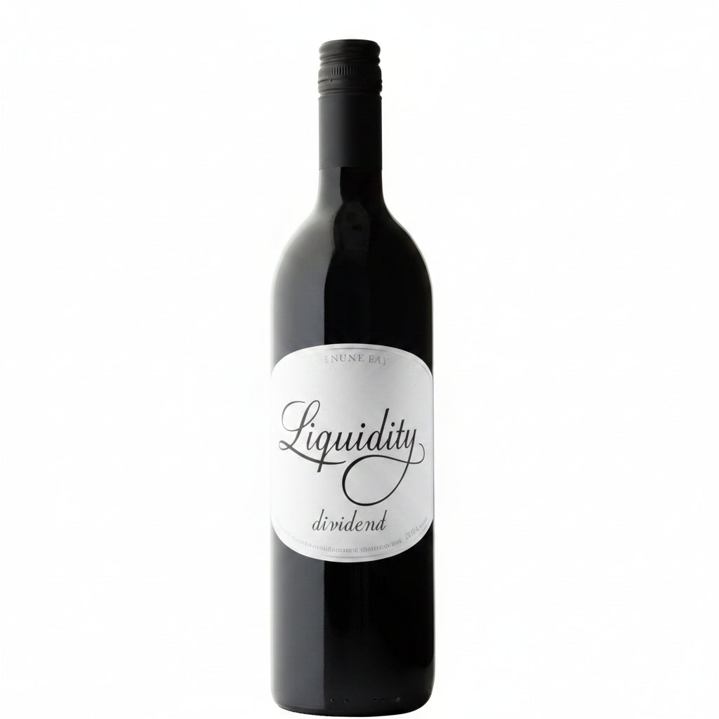 Bottle of Liquidity Dividend Vqa red wine, 750mL with a dark label and cork seal, displayed upright.