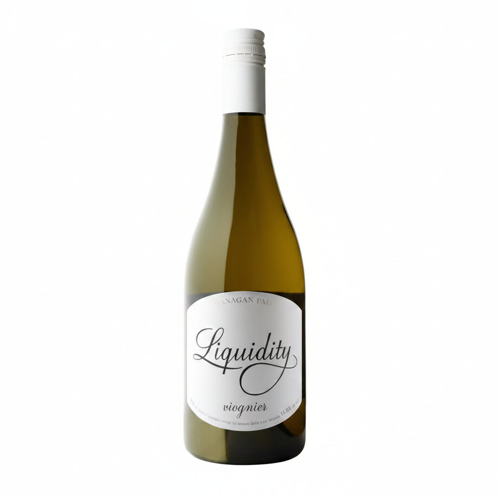 Bottle of Liquidity Viognier VQA white wine in a 750mL bottle with a label displaying the Liquidity brand and wine details.