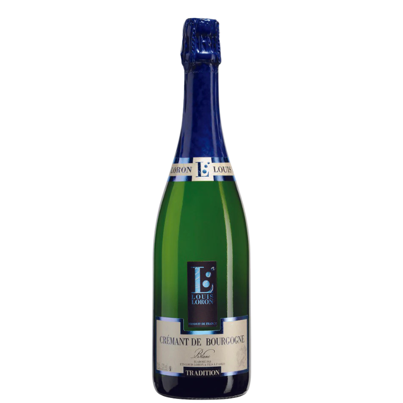 Buy Loron Louis Cremant de Bourgogne 750mL sparkling wine, blue foil bottle.
