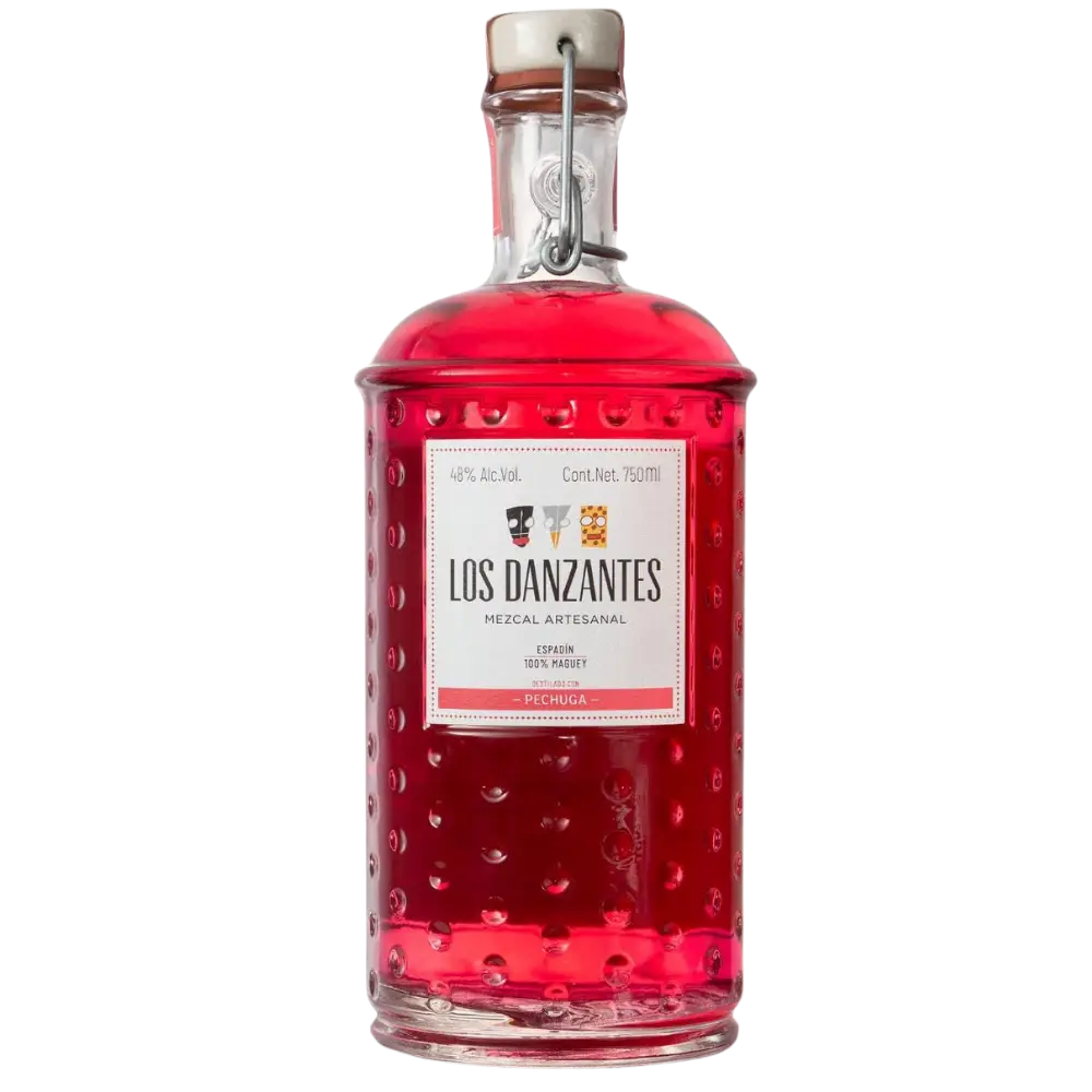 Buy Los Danzantes Pechuga 750mL, pink artisanal mezcal in decorative glass bottle