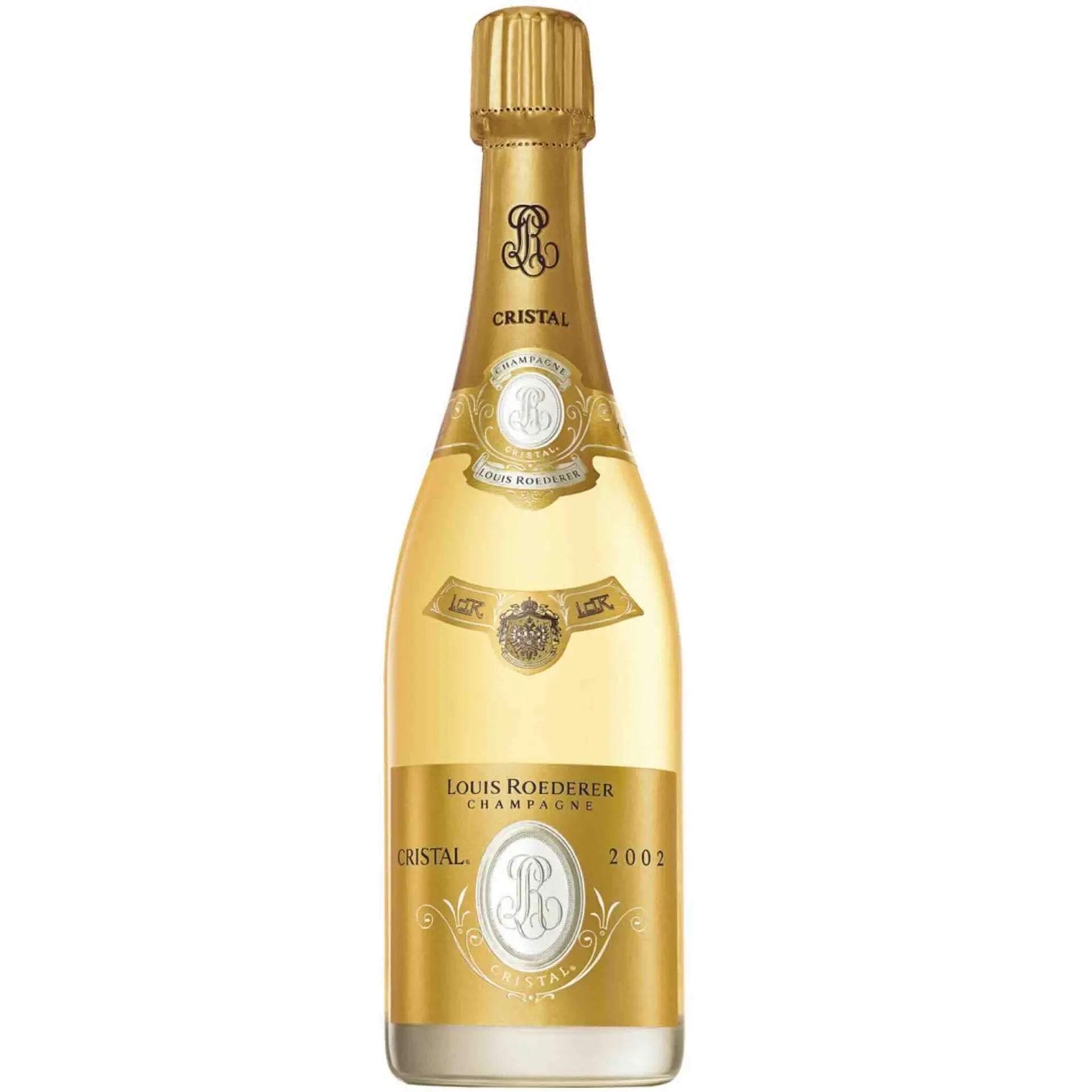 Buy Louis Roederer Cristal 2002 vintage champagne bottle, gold foil, luxury sparkling wine