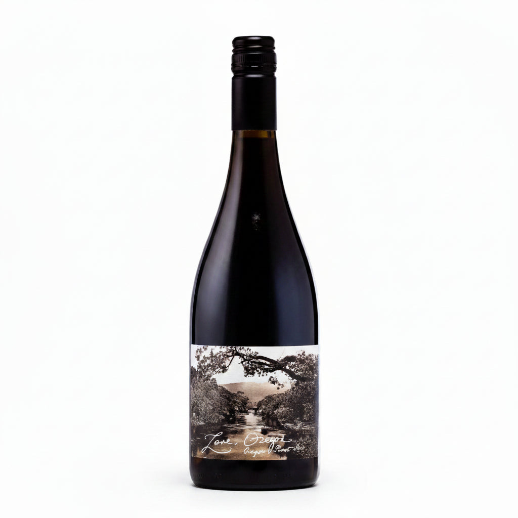 Bottle of Love Oregon Pinot Noir 750mL wine with a dark glass bottle and label featuring Oregon scenery.