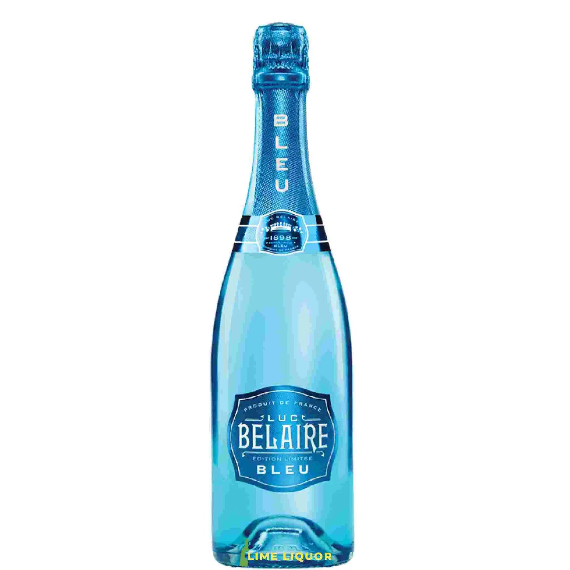 Buy Luc Belaire Bleu, vibrant blue sparkling wine bottle on white background