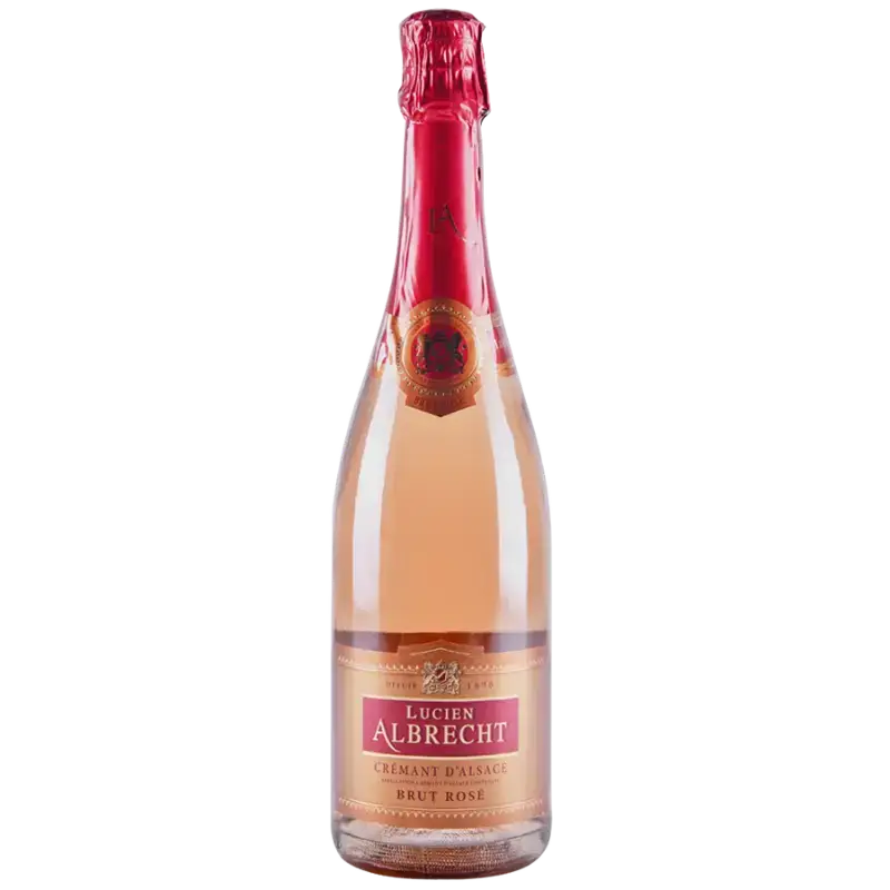 Buy Lucien Albrecht Cremant Rose Brut 750mL sparkling wine with pink foil and label.