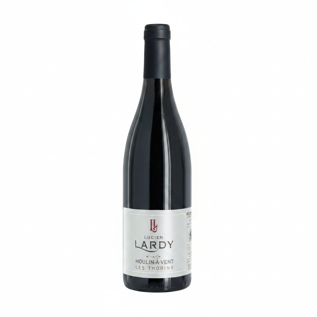 Lucien Lardy Moulin A Vent Les Thorins wine bottle on display, showcasing the label and deep red color of the wine inside.
