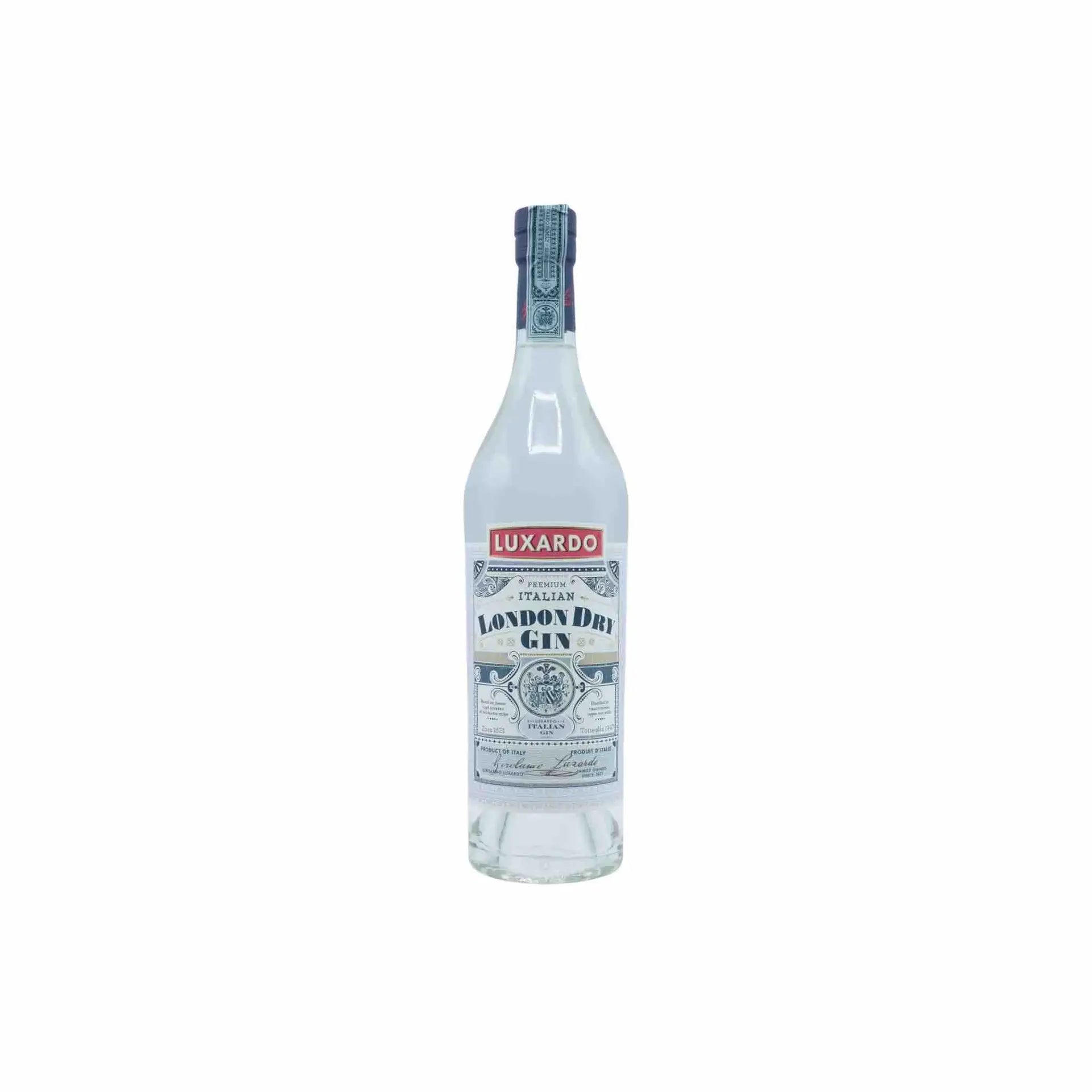 buy Luxardo London Dry Gin 50mL, clear bottle with detailed label and red Luxardo logo