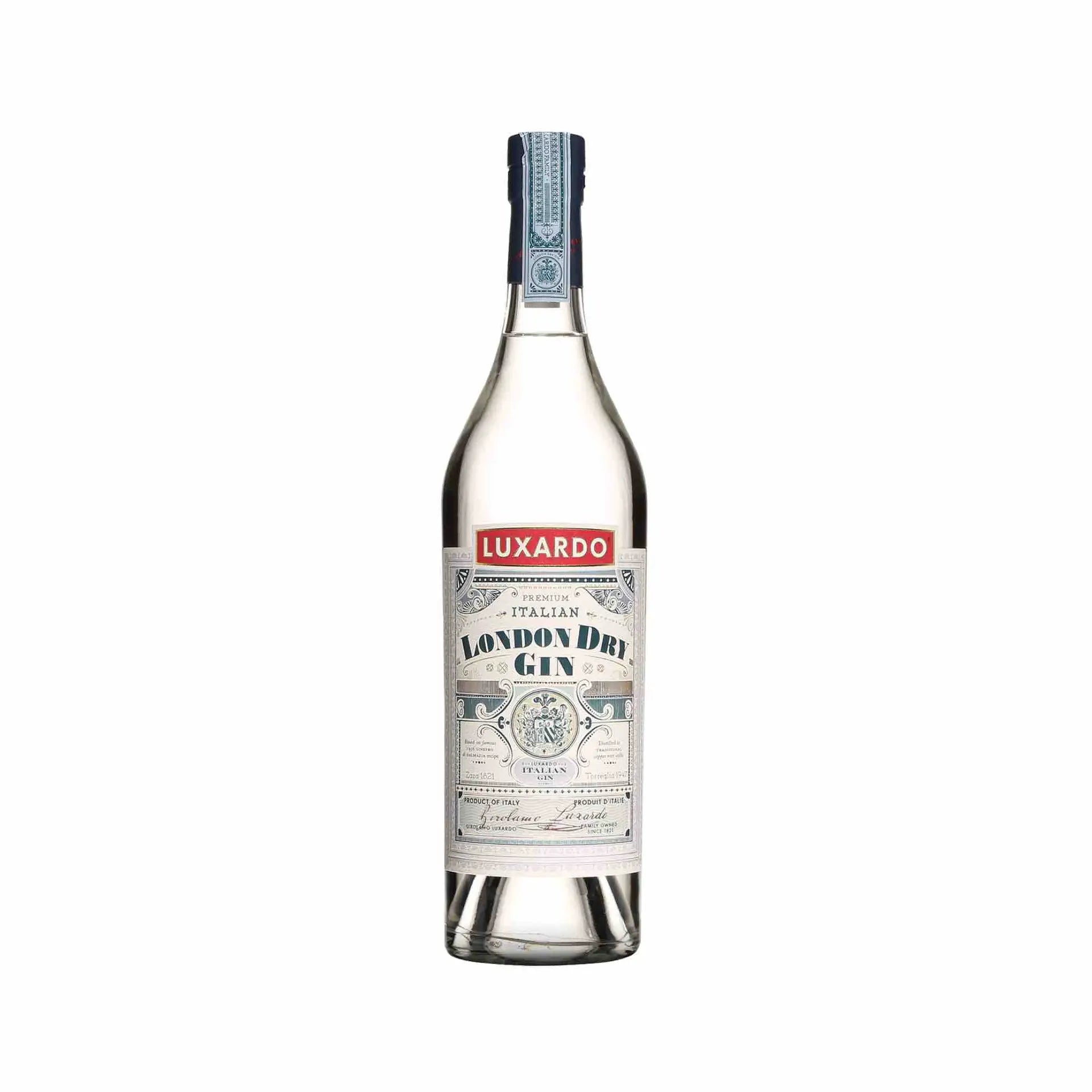 Buy Luxardo London Dry Gin 750mL, clear gin bottle with detailed label on white background