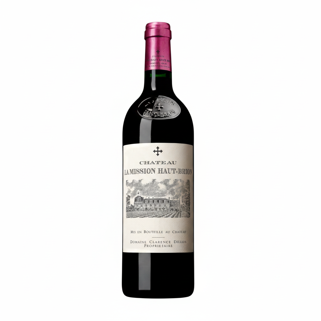 Chateau La Mission Haut Brion wine bottle with classic label and deep red color, standing upright on a neutral background.