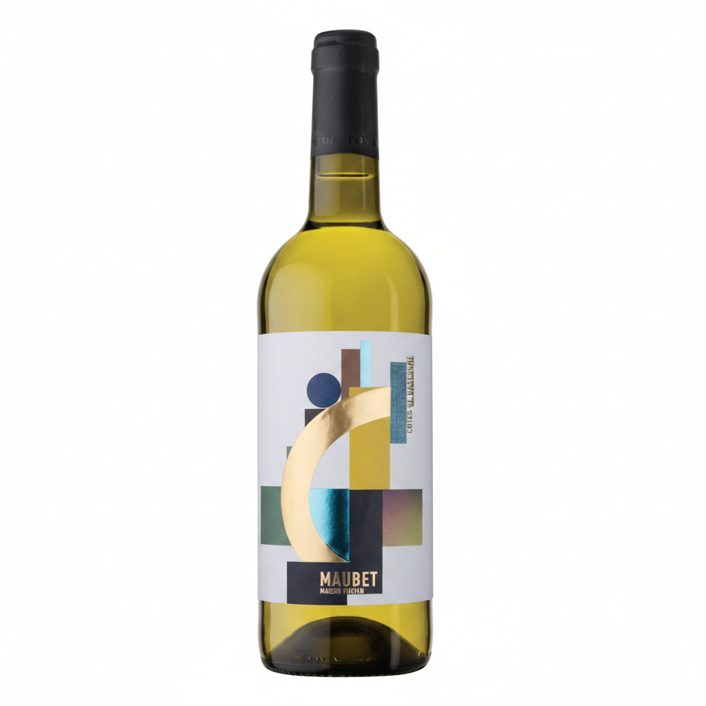 Maison Fontan Maubet Blanc Sec wine in a clear glass bottle, showcasing a crisp white wine with a light, golden hue.